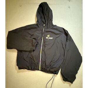 PINK Victoria's Secret Miami Palm Tree Windbreaker Jacket Womens M Black Hooded.